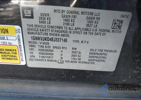 2014 Chevrolet Traverse 1Lt z USA, uszkodzony, nr VIN 1GNKVGKD4EG337148